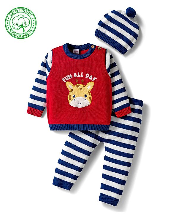 Babyhug Organic Cotton Knit Full Sleeves Pullover Sweater Set With Giraffe Embroidery & Cap - Red & Navy Blue