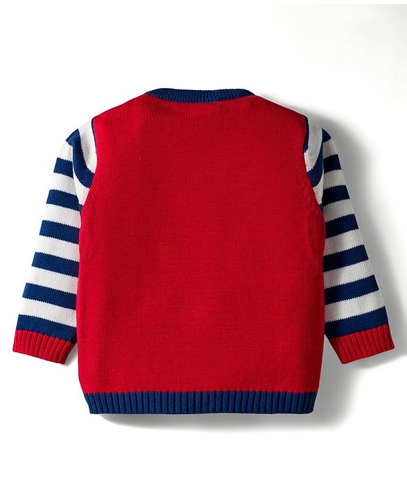 Babyhug Organic Cotton Knit Full Sleeves Pullover Sweater Set With Giraffe Embroidery & Cap - Red & Navy Blue