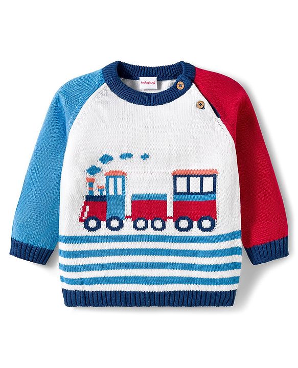 Babyhug Organic Cotton Knitted Full Raglan Sleeves Sweater Set With Train Design & Cap - Multicolor