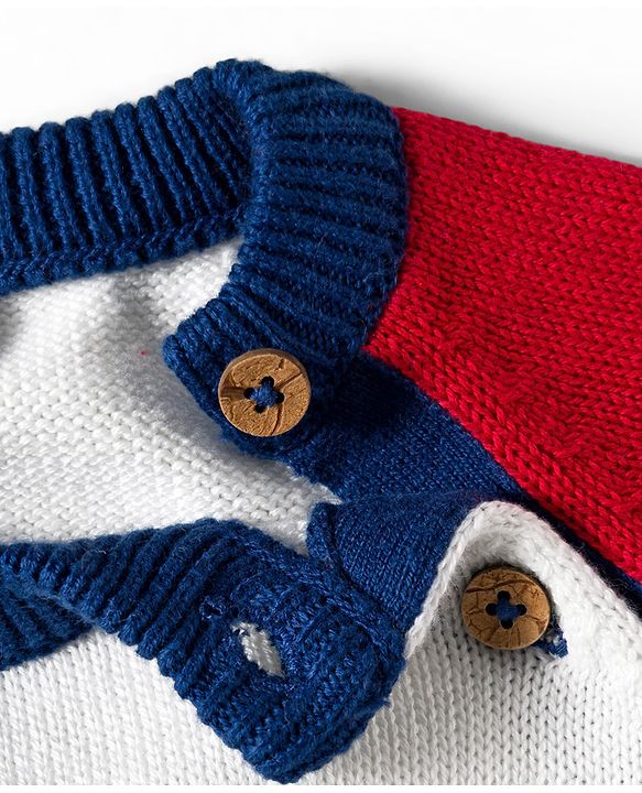 Babyhug Organic Cotton Knitted Full Raglan Sleeves Sweater Set With Train Design & Cap - Multicolor