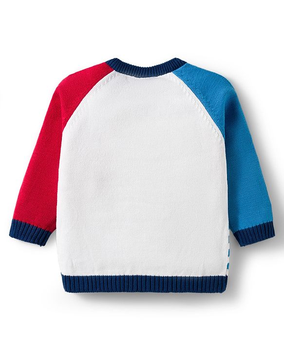 Babyhug Organic Cotton Knitted Full Raglan Sleeves Sweater Set With Train Design & Cap - Multicolor
