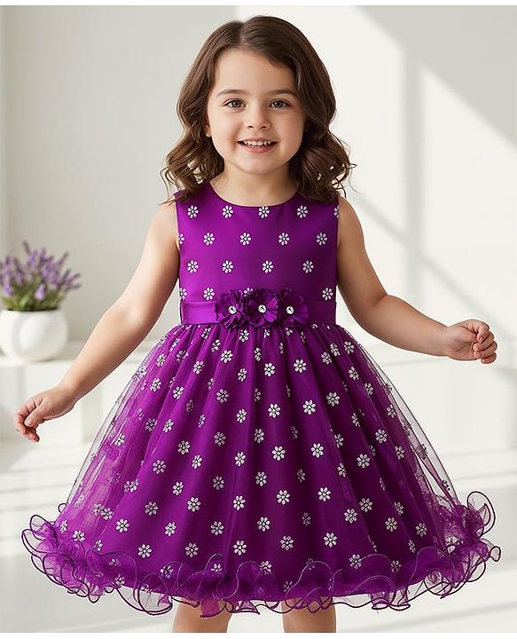 Babyhug Woven Sleeveless Party Dress With Floral Corsage & Foil Print - Purple