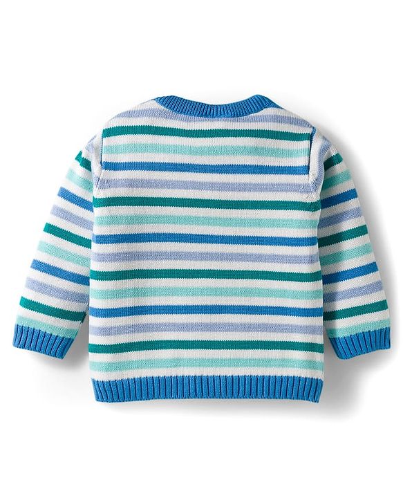 Babyhug Organic Cotton Knit Full Sleeves Sweater Set with Stripes & Bee Nice Patch & Cap - Blue