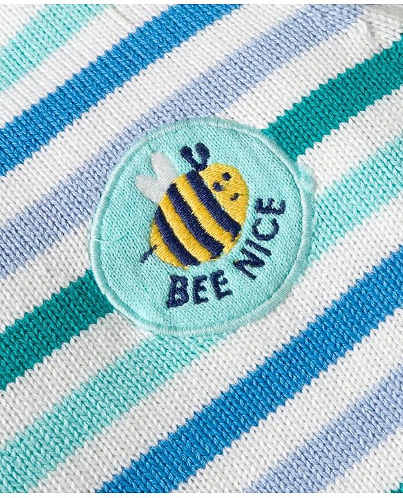 Babyhug Organic Cotton Knit Full Sleeves Sweater Set with Stripes & Bee Nice Patch & Cap - Blue