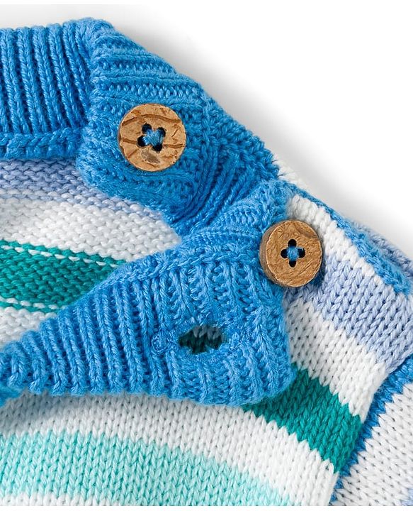 Babyhug Organic Cotton Knit Full Sleeves Sweater Set with Stripes & Bee Nice Patch & Cap - Blue