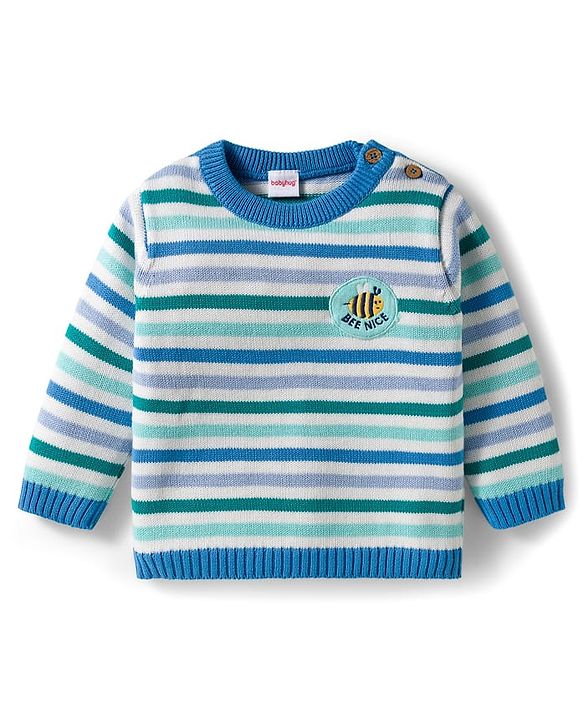 Babyhug Organic Cotton Knit Full Sleeves Sweater Set with Stripes & Bee Nice Patch & Cap - Blue