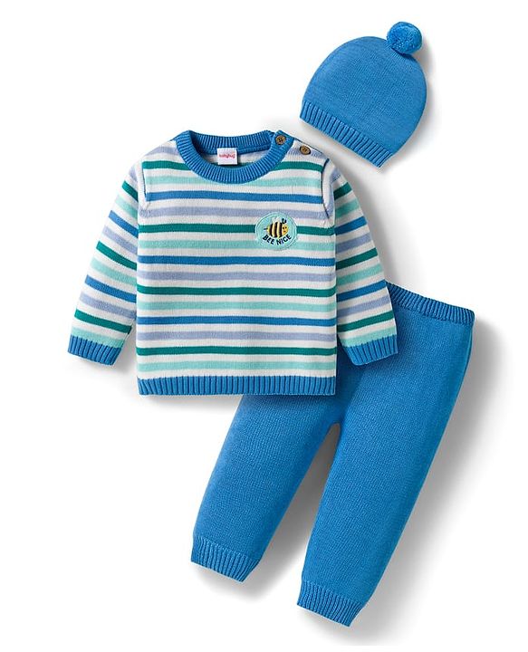Babyhug Organic Cotton Knit Full Sleeves Sweater Set with Stripes & Bee Nice Patch & Cap - Blue