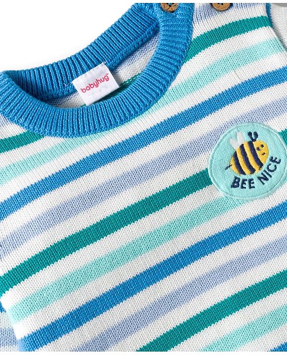 Babyhug Organic Cotton Knit Full Sleeves Sweater Set with Stripes & Bee Nice Patch & Cap - Blue
