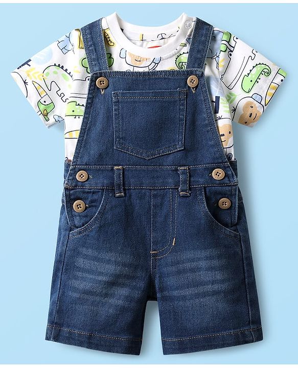 Babyhug Single Jersey Knit Dungaree & Half Sleeves T-Shirt With Dino Print - Blue