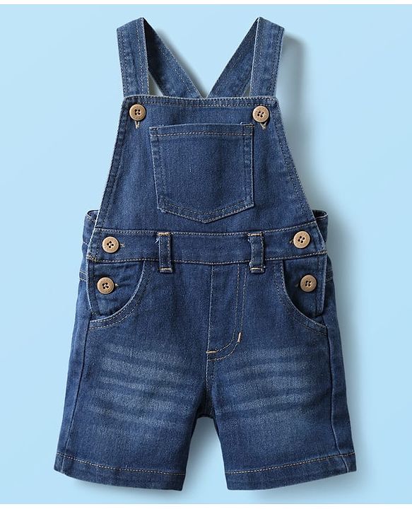 Babyhug Single Jersey Knit Dungaree & Half Sleeves T-Shirt With Dino Print - Blue
