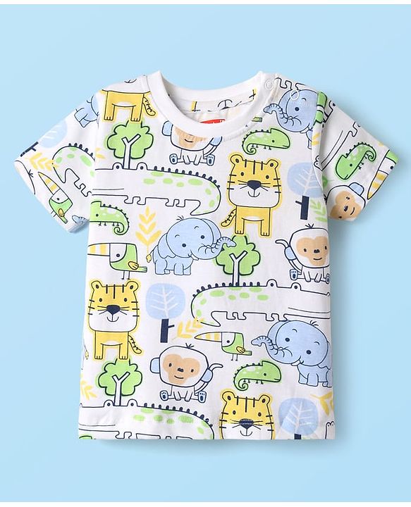 Babyhug Single Jersey Knit Dungaree & Half Sleeves T-Shirt With Dino Print - Blue