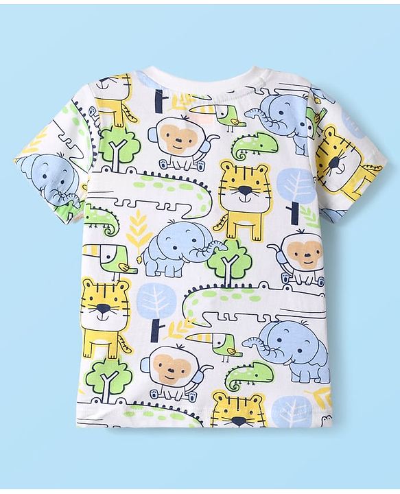 Babyhug Single Jersey Knit Dungaree & Half Sleeves T-Shirt With Dino Print - Blue