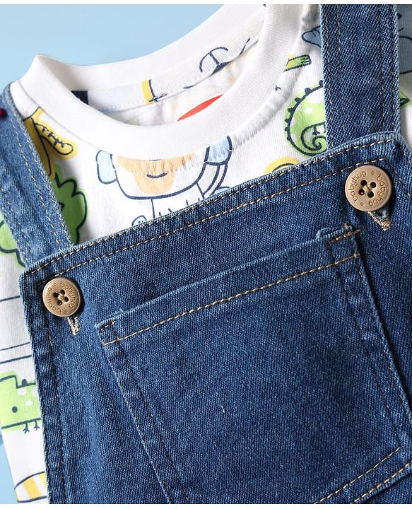 Babyhug Single Jersey Knit Dungaree & Half Sleeves T-Shirt With Dino Print - Blue