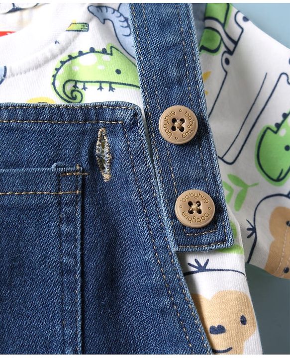 Babyhug Single Jersey Knit Dungaree & Half Sleeves T-Shirt With Dino Print - Blue