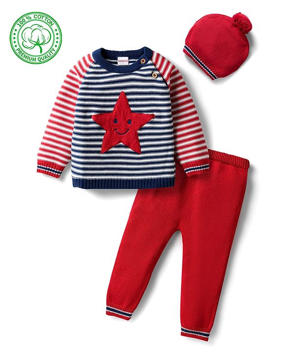 Babyhug 100% Cotton Knit Full Sleeves Sweatshirt with Graphics Pack of 2 - White & Red