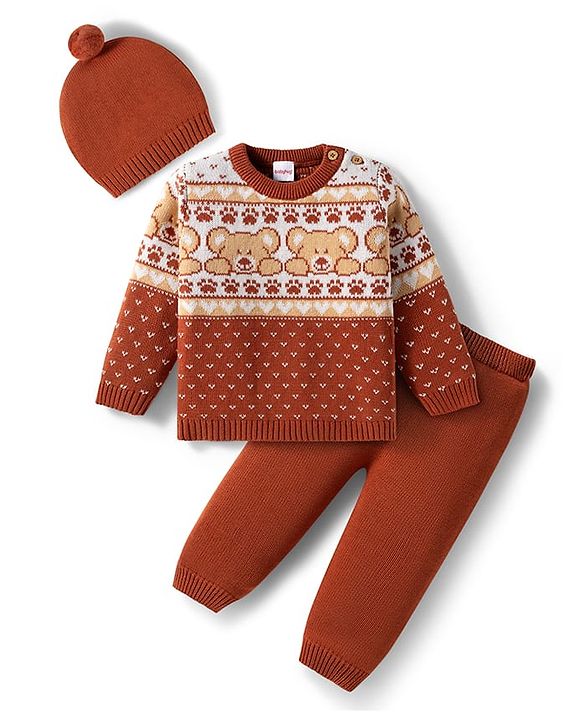 Babyhug Organic Cotton Knit Full Sleeves Sweater Set with Teddy Bear Print & Cap - Brown