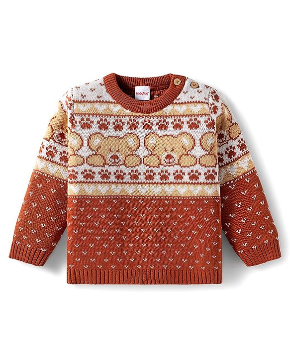 Babyhug Organic Cotton Knit Full Sleeves Sweater Set with Teddy Bear Print & Cap - Brown