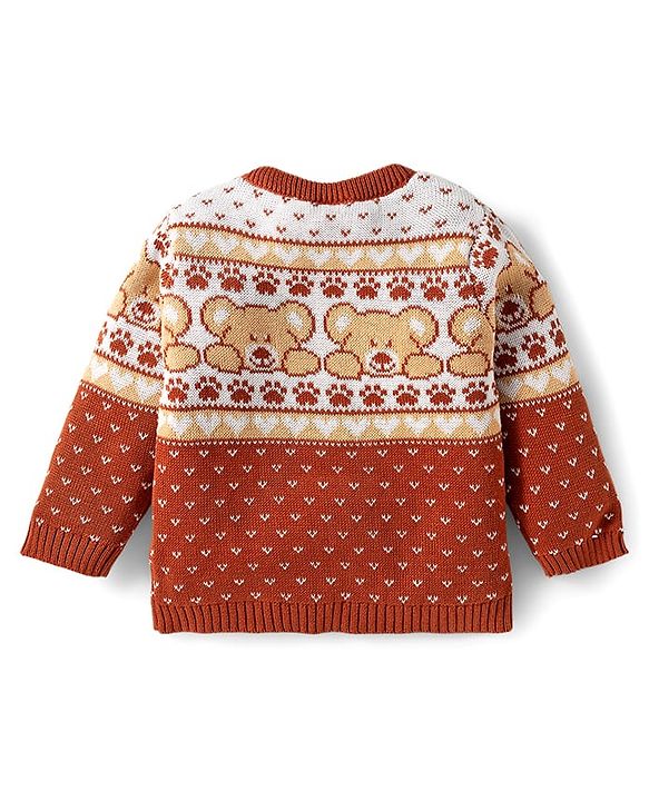 Babyhug Organic Cotton Knit Full Sleeves Sweater Set with Teddy Bear Print & Cap - Brown