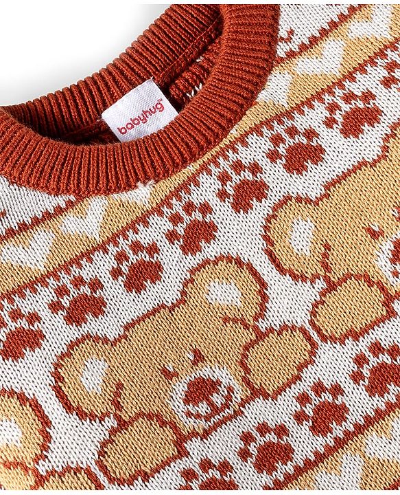 Babyhug Organic Cotton Knit Full Sleeves Sweater Set with Teddy Bear Print & Cap - Brown
