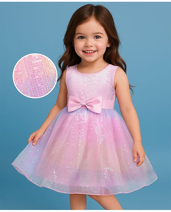 Babyhug Woven Sleeveless Mesh Party Dress with Sequin Detailing & Bow Applique - Pink