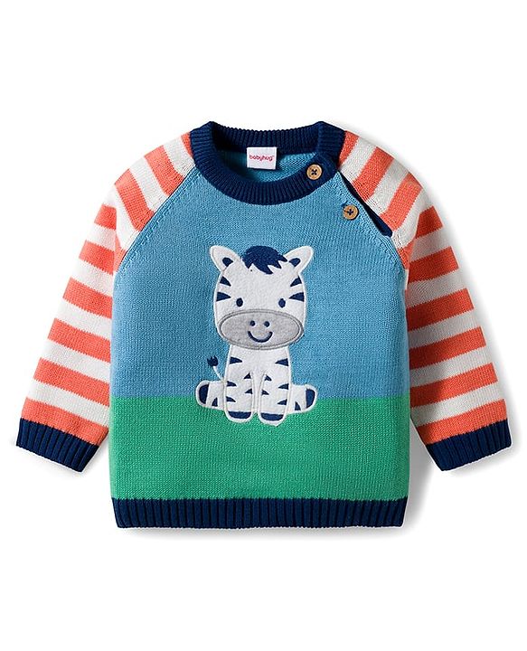Babyhug Organic Cotton Knitted Full Raglan Sleeves Striped Sweater Set With Zebra Embroidery & Cap - Multicolor