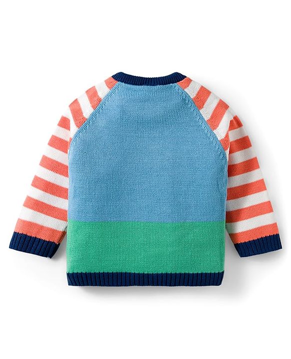 Babyhug Organic Cotton Knitted Full Raglan Sleeves Striped Sweater Set With Zebra Embroidery & Cap - Multicolor