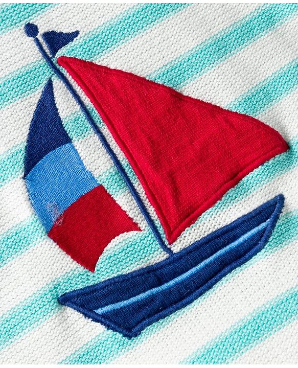 Babyhug Organic Cotton Knit Full Sleeves Sweater Set with Stripes & Yatch Design & Cap - Light Blue