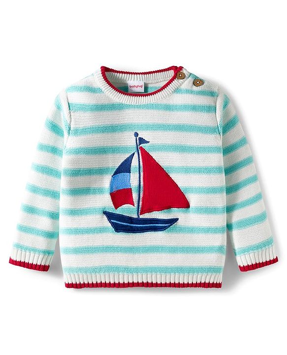 Babyhug Organic Cotton Knit Full Sleeves Sweater Set with Stripes & Yatch Design & Cap - Light Blue