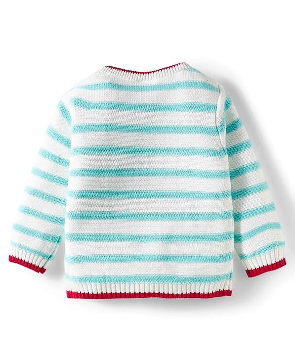 Babyhug Organic Cotton Knit Full Sleeves Sweater Set with Stripes & Yatch Design & Cap - Light Blue