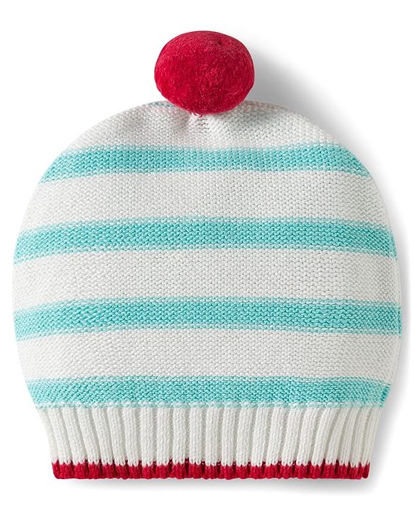 Babyhug Organic Cotton Knit Full Sleeves Sweater Set with Stripes & Yatch Design & Cap - Light Blue