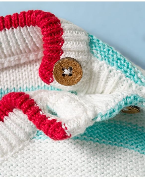 Babyhug Organic Cotton Knit Full Sleeves Sweater Set with Stripes & Yatch Design & Cap - Light Blue