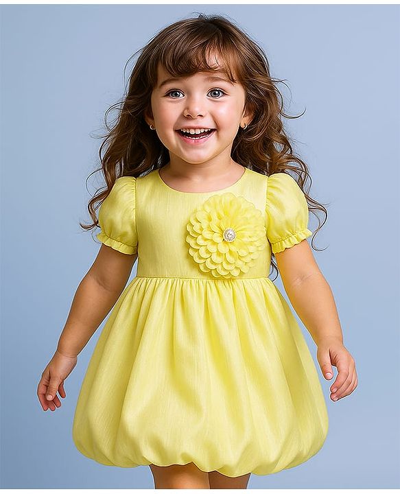 Babyhug Woven Half Puffed Sleeves Party Dress with Floral Applique - Yellow