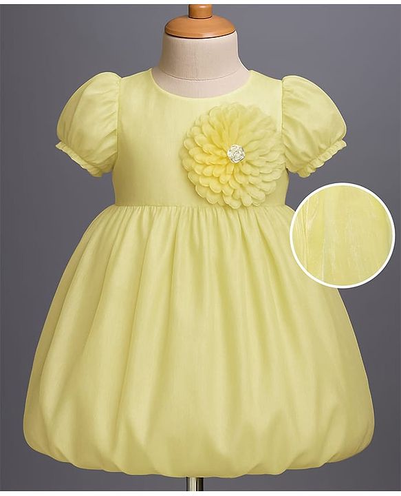 Babyhug Woven Half Puffed Sleeves Party Dress with Floral Applique - Yellow