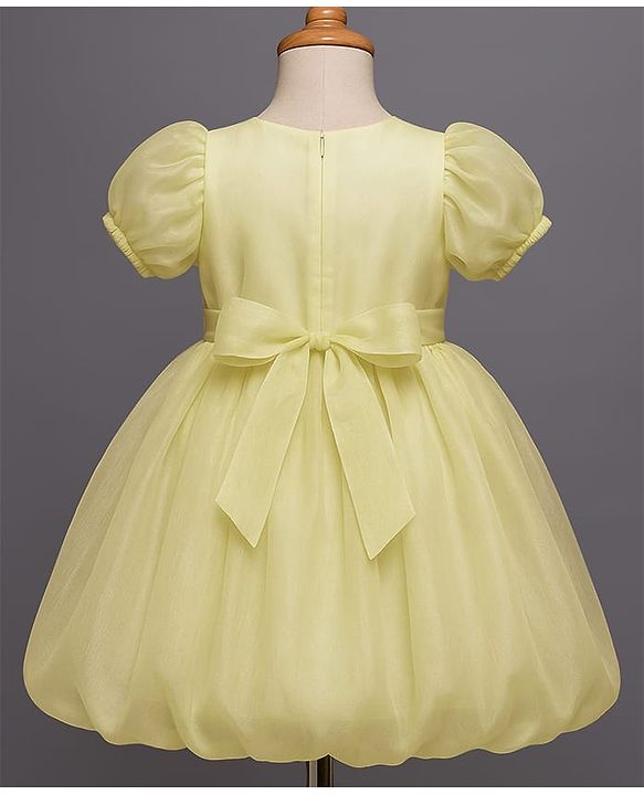 Babyhug Woven Half Puffed Sleeves Party Dress with Floral Applique - Yellow