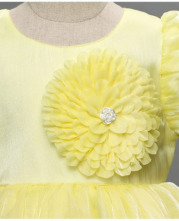 Babyhug Woven Half Puffed Sleeves Party Dress with Floral Applique - Yellow