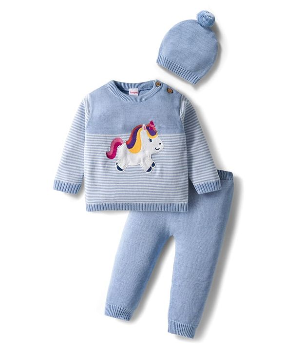 Babyhug Organic Cotton Knit Full Sleeves Striped Pullover Sweater Set with Cap & Unicorn Patch Detailing - Light Blue