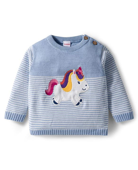 Babyhug Organic Cotton Knit Full Sleeves Striped Pullover Sweater Set with Cap & Unicorn Patch Detailing - Light Blue