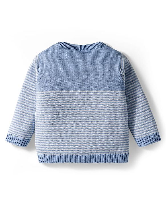 Babyhug Organic Cotton Knit Full Sleeves Striped Pullover Sweater Set with Cap & Unicorn Patch Detailing - Light Blue