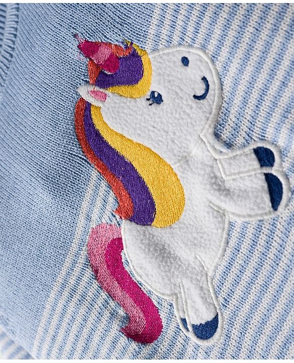 Babyhug Organic Cotton Knit Full Sleeves Striped Pullover Sweater Set with Cap & Unicorn Patch Detailing - Light Blue
