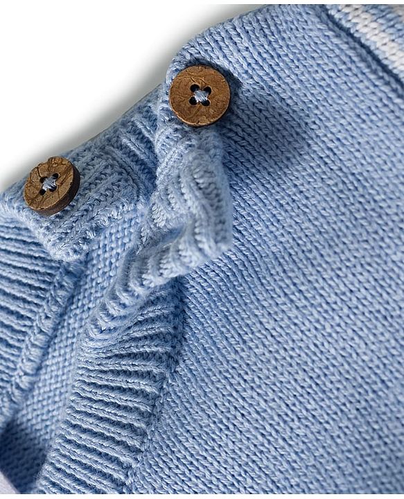 Babyhug Organic Cotton Knit Full Sleeves Striped Pullover Sweater Set with Cap & Unicorn Patch Detailing - Light Blue