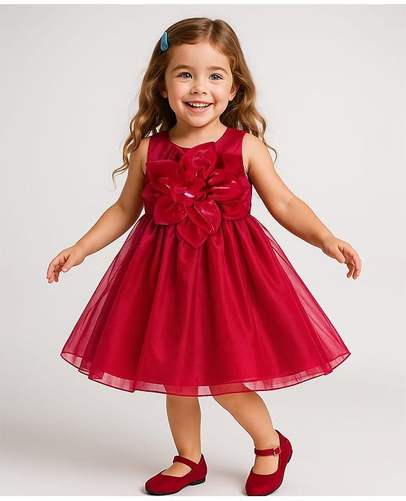 Babyhug Woven Sleeveless Solid Color Party Dress with Floral Applique - Red