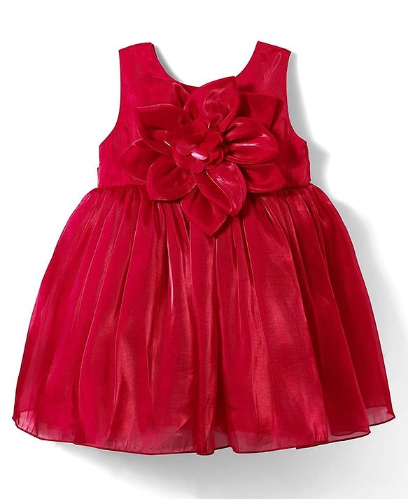 Babyhug Woven Sleeveless Solid Color Party Dress with Floral Applique - Red