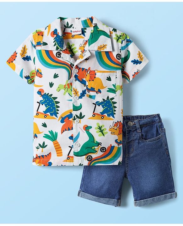 Babyhug Poplin Collar Half Sleeves Shirt & Short Set With Animal Print - White & Blue