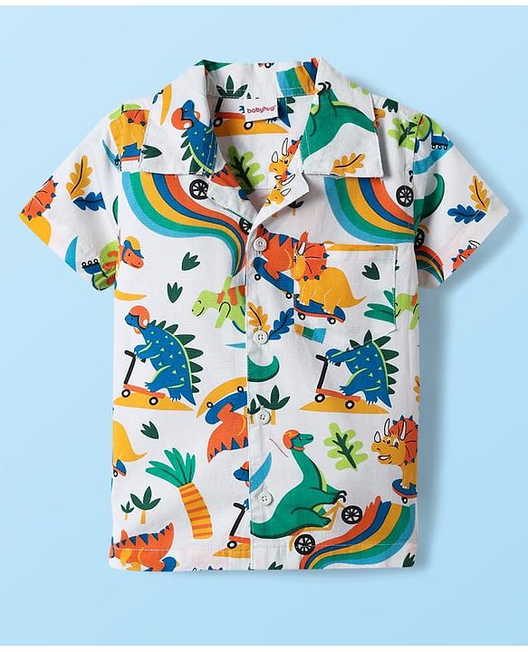 Babyhug Poplin Collar Half Sleeves Shirt & Short Set With Animal Print - White & Blue
