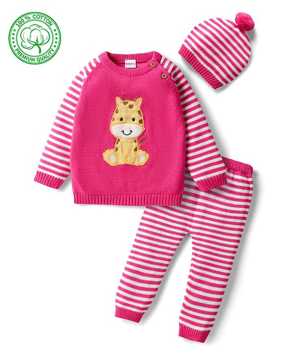 Babyhug Organic Cotton Knit Full Raglan Sleeves Striped Pullover Sweater Set with Cap & Giraffe Patch Detailing - Pink