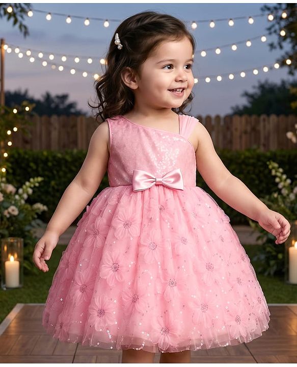 Babyhug Woven Sleeveless Party Dress with Sequin & Floral Detailing & Bow Applique - Light Pink