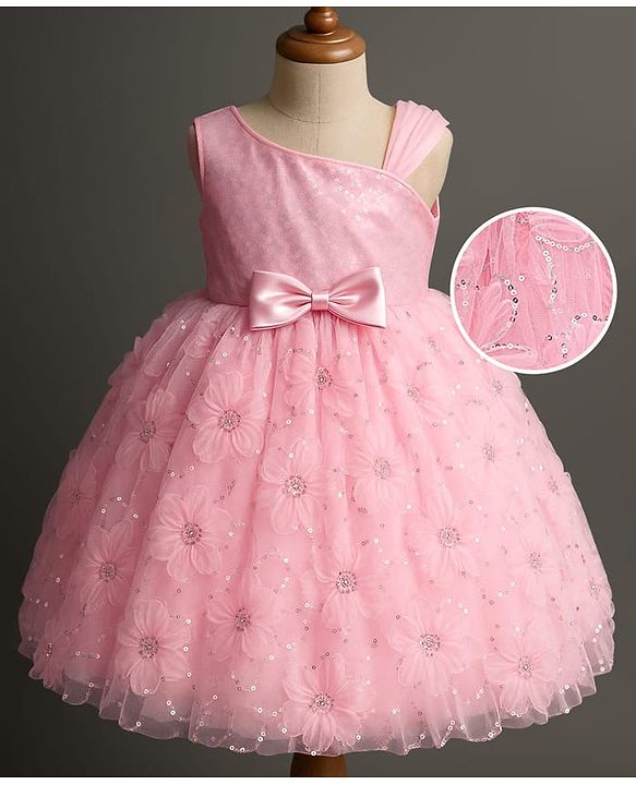 Babyhug Woven Sleeveless Party Dress with Sequin & Floral Detailing & Bow Applique - Light Pink