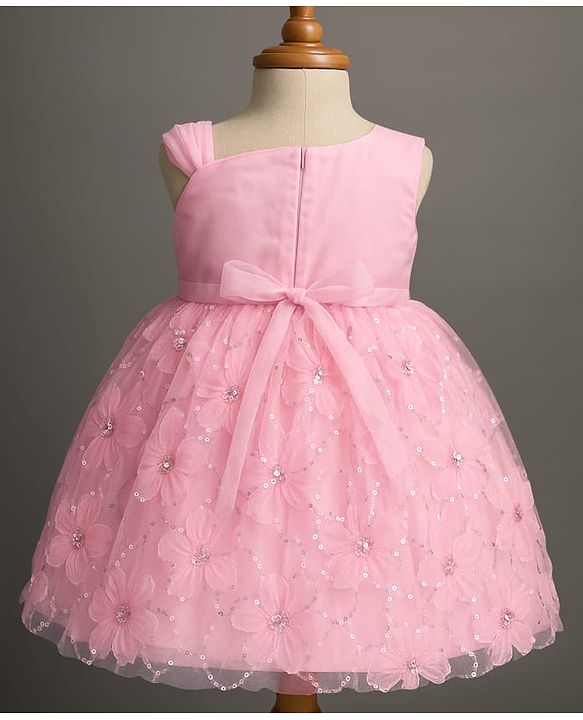 Babyhug Woven Sleeveless Party Dress with Sequin & Floral Detailing & Bow Applique - Light Pink