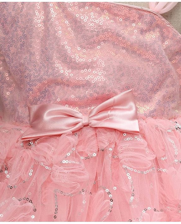 Babyhug Woven Sleeveless Party Dress with Sequin & Floral Detailing & Bow Applique - Light Pink