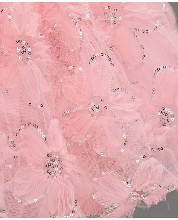 Babyhug Woven Sleeveless Party Dress with Sequin & Floral Detailing & Bow Applique - Light Pink